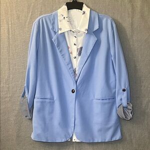 SHEIN Sky Blue Blazer with Striped Cuffs & long sleeve blouse SET- both size XL
